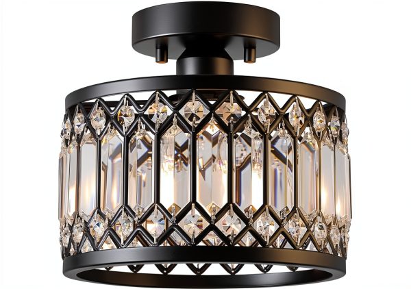 Pevfah Crystal Ceiling Light Dimmable Modern Black Chrome-0
