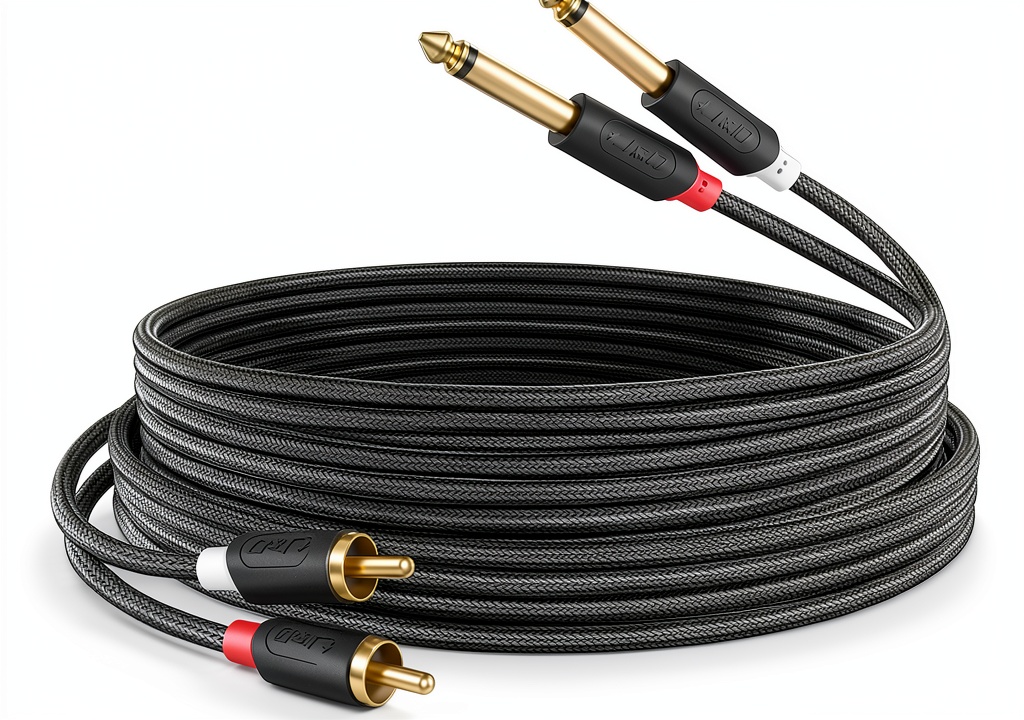 J&D dual shielded RCA cable connecting a speaker to an amplifier